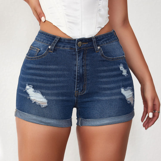 Damen Jeans-Shorts mit hohem Bund und modischem Destroyed-Effekt EB