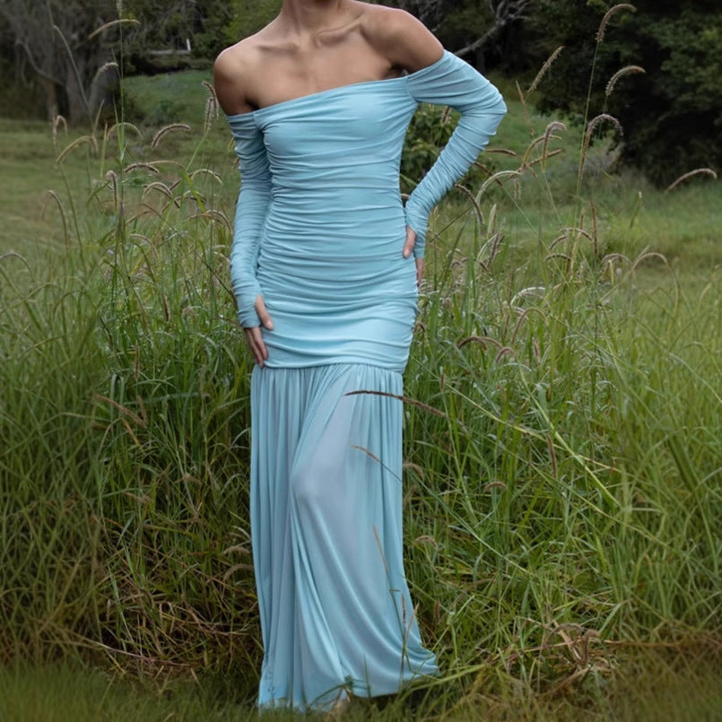 Damen Elegantes Off-Shoulder Maxikleid mit figurbetontem Design und fließendem Rock EB