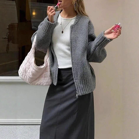 Damen Oversize gerippter Kurzpullover mit Halbzip und überschnittener Schulter EB