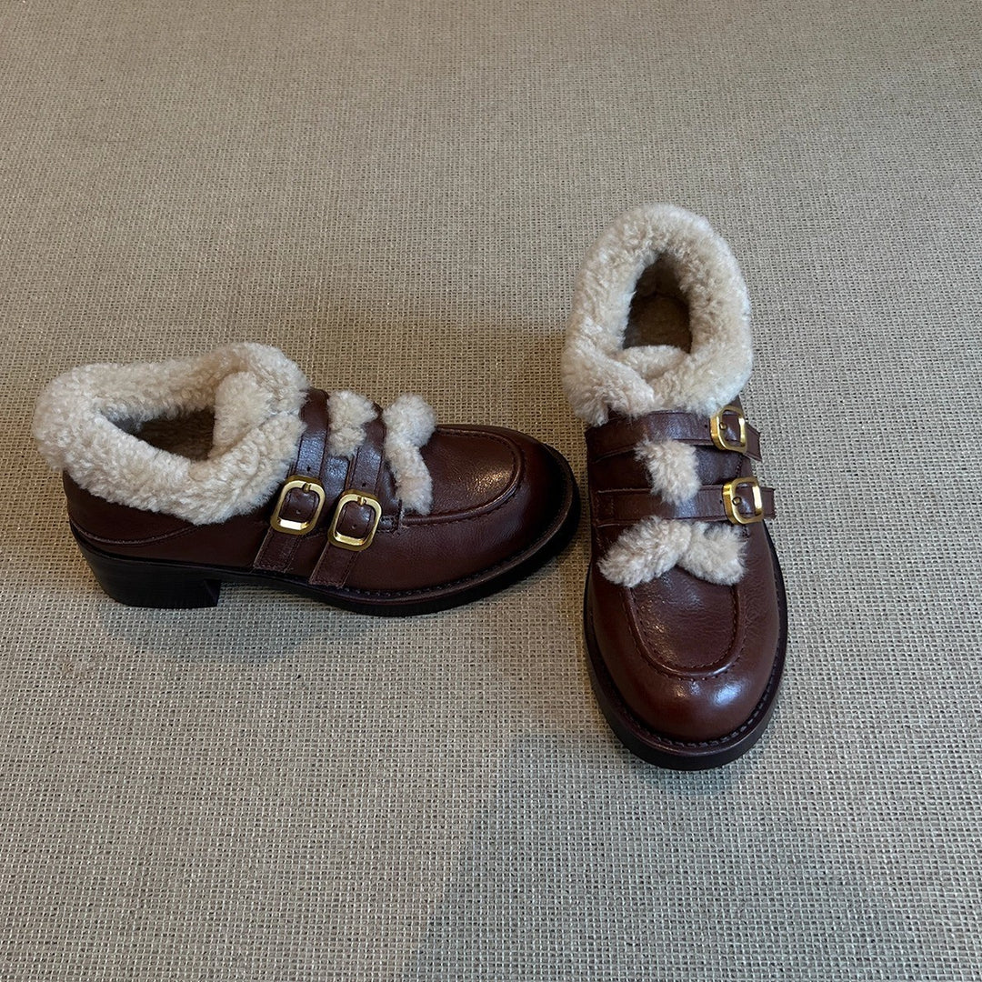 Damen gefütterte Clogs mit dekorativen Schnallen und weichem Kunstfellkragen EB