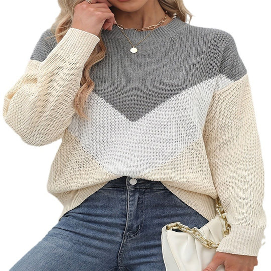 Damen Strickpullover mit V-Ausschnitt und Farbblockdesign EB