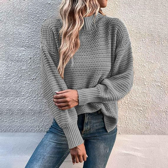 Damen modischer Strickpullover mit hohem Kragen und strukturiertem Muster EB
