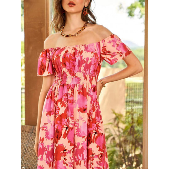 Damen Off-Shoulder Midikleid im floralen Design mit elastischem Oberteil und voluminösem Rock EB