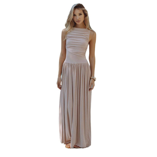 Damen Maxi-Kleid mit elegantem Faltenwurf und ärmellosem Design EB