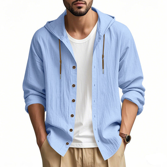Herren nan leichtes Kapuzenhemdjacke aus Leinenoptik mit durchgehender Knopfleiste EB