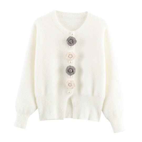 Damen stylische Strickjacke mit einzigartigen Blumenapplikationen EB