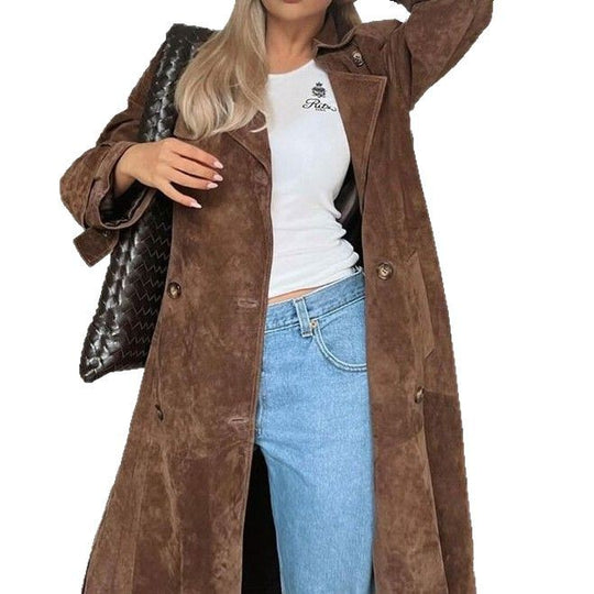 Damen Langer Wildledermantel mit eleganter Silhouette EB