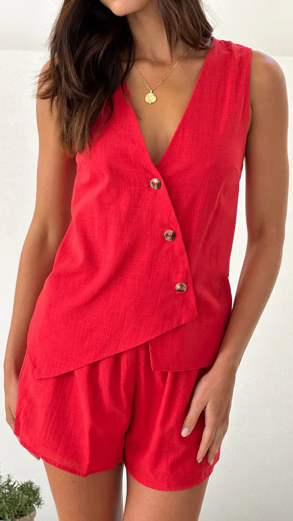 Damen lässiges Sommer-Outfit mit V-Ausschnitt und asymmetrischem Schnitt EB
