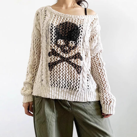 Damen Grob gestrickter Pullover mit Skelett-Motiv EB