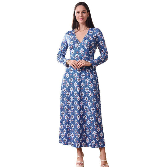 Damen Maxi-Kleid mit schmeichelndem V-Ausschnitt und floralen Details EB