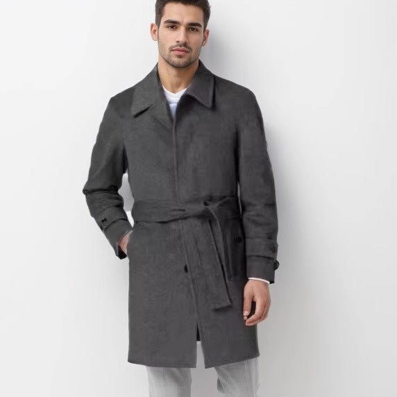 Herren eleganter Mantel mit Gürtel und klassischem Revers EB