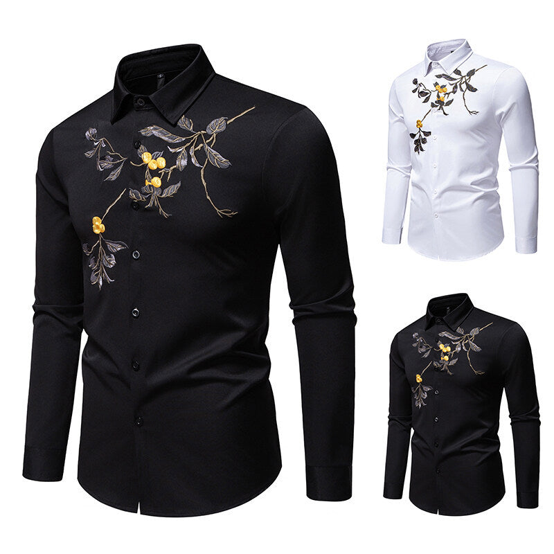 Herren elegantes Langarmhemd mit floraler Stickerei EB