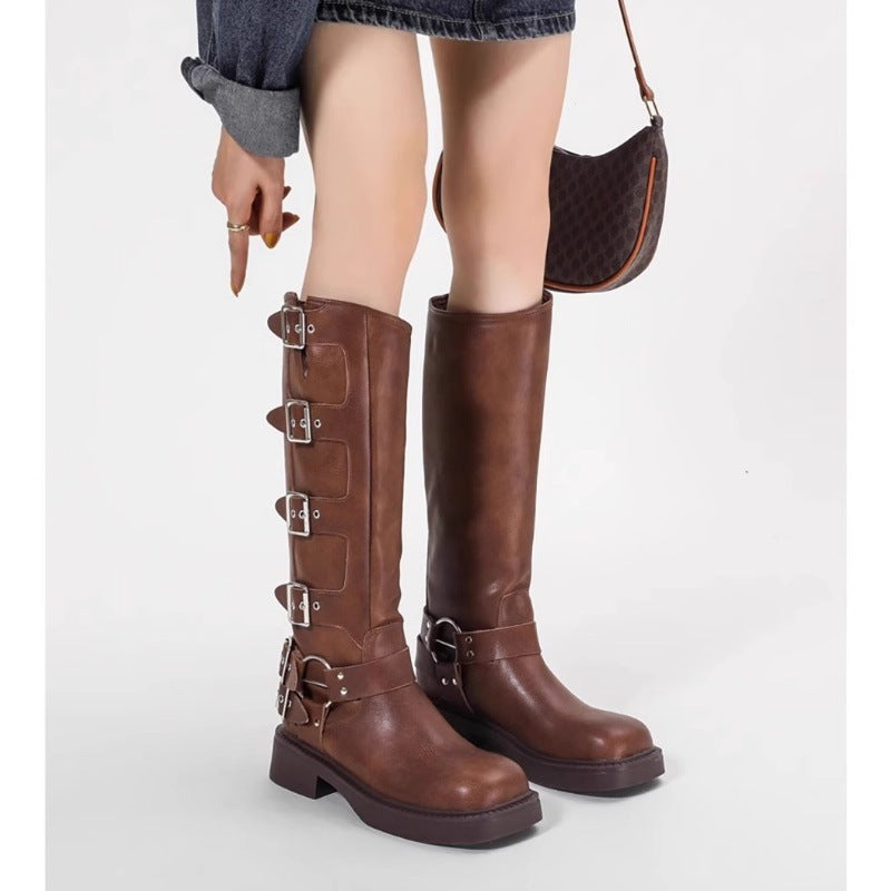 Damen Stiefel mit modischen Schnallen und robustem Blockabsatz EB