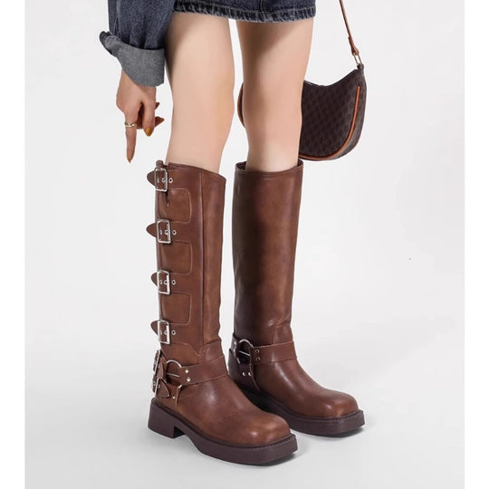 Damen Stiefel mit modischen Schnallen und robustem Blockabsatz EB