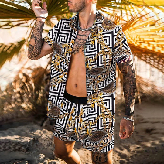 Herren nan barockgemustertes Kurzarm-Hemd mit passender locker geschnittener Shorts EB