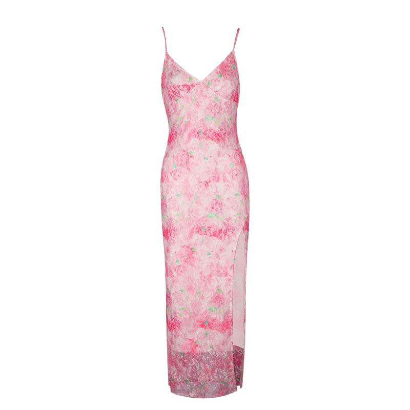 Damen elegantes Maxikleid mit floralem Muster und seitlichem Schlitz EB
