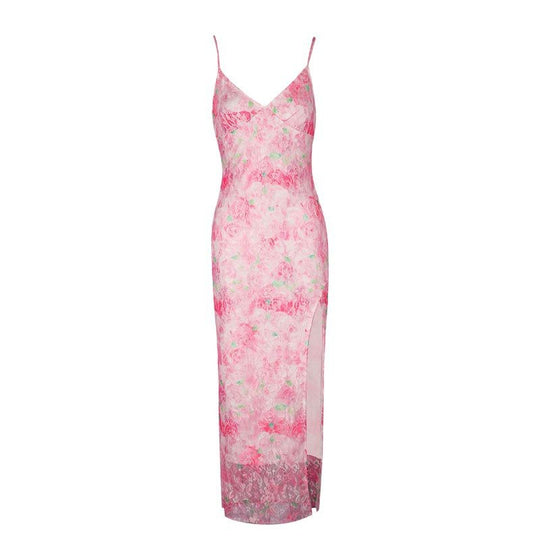 Damen elegantes Maxikleid mit floralem Muster und seitlichem Schlitz EB