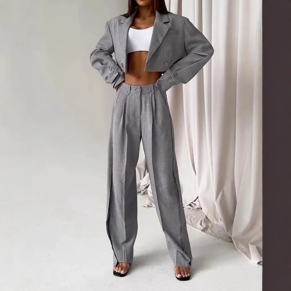 Damen modischer Zweiteiler-Anzug mit cropped Blazer und weitem Bund EB
