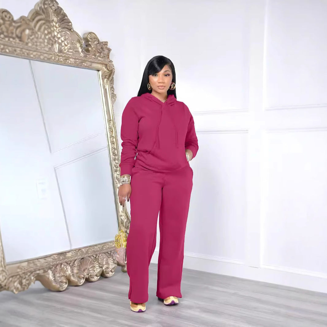 Damen nan Relax-Loungewear-Set mit weitem Highwaist-Palazzo-Jogger, Kapuzenpullover mit Kängurutasche und seitlichem Saumschlitz EB