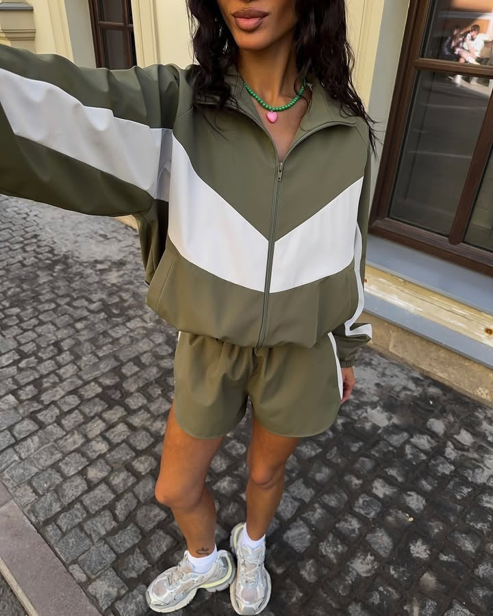 Damen nan lässiges Athleisure-Set mit windabweisender Kurzjacke, Stehkragen und elastischen Highwaist-Shorts EB