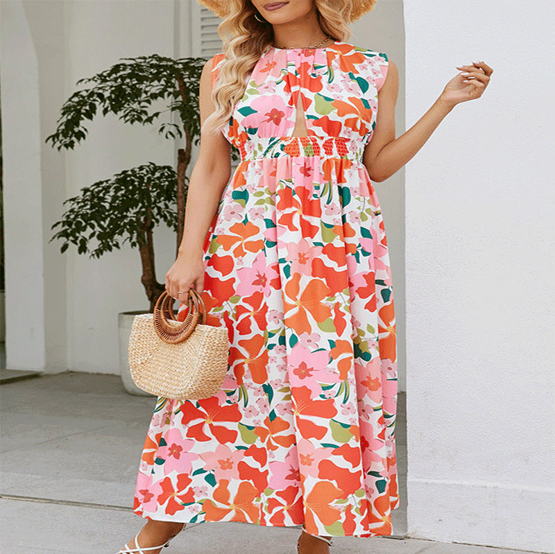 Damen Maxikleid mit floralem Design und elastischem Taillenbund EB