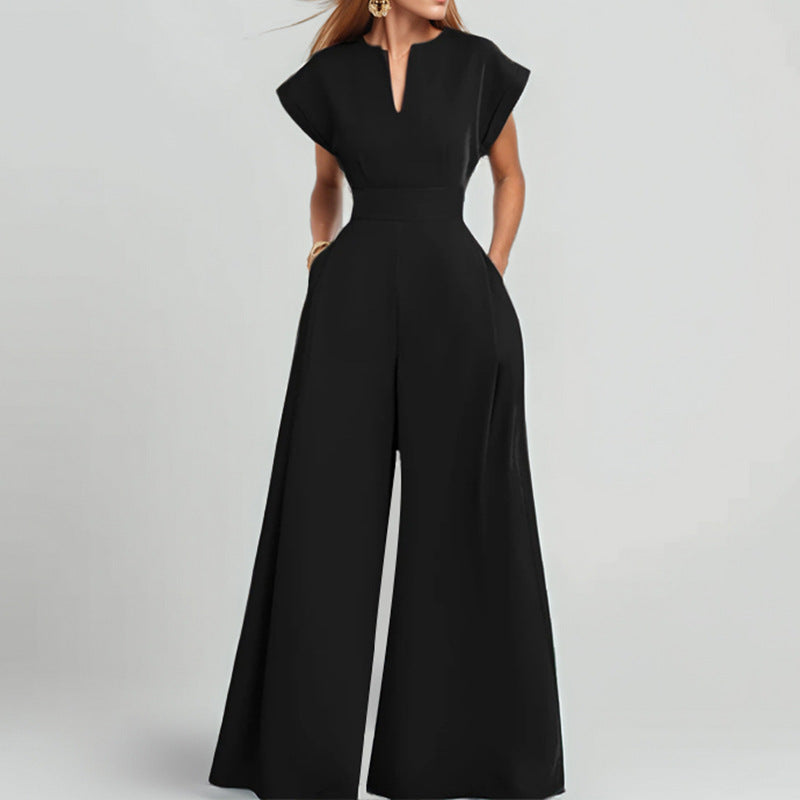Damen Eleganter Jumpsuit mit Weitem Bein und Schalkragen EB