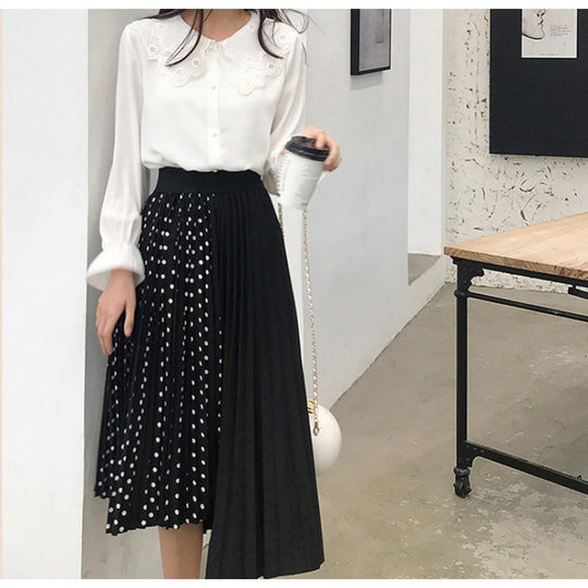 Damen Asymmetrischer Plissee-Midirock mit Tupfen-Panel und elastischem Bund EB