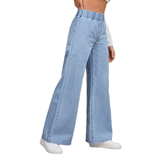 Damen Weite Jeanshose mit elastischem Bund und dekorativen Nähten EB