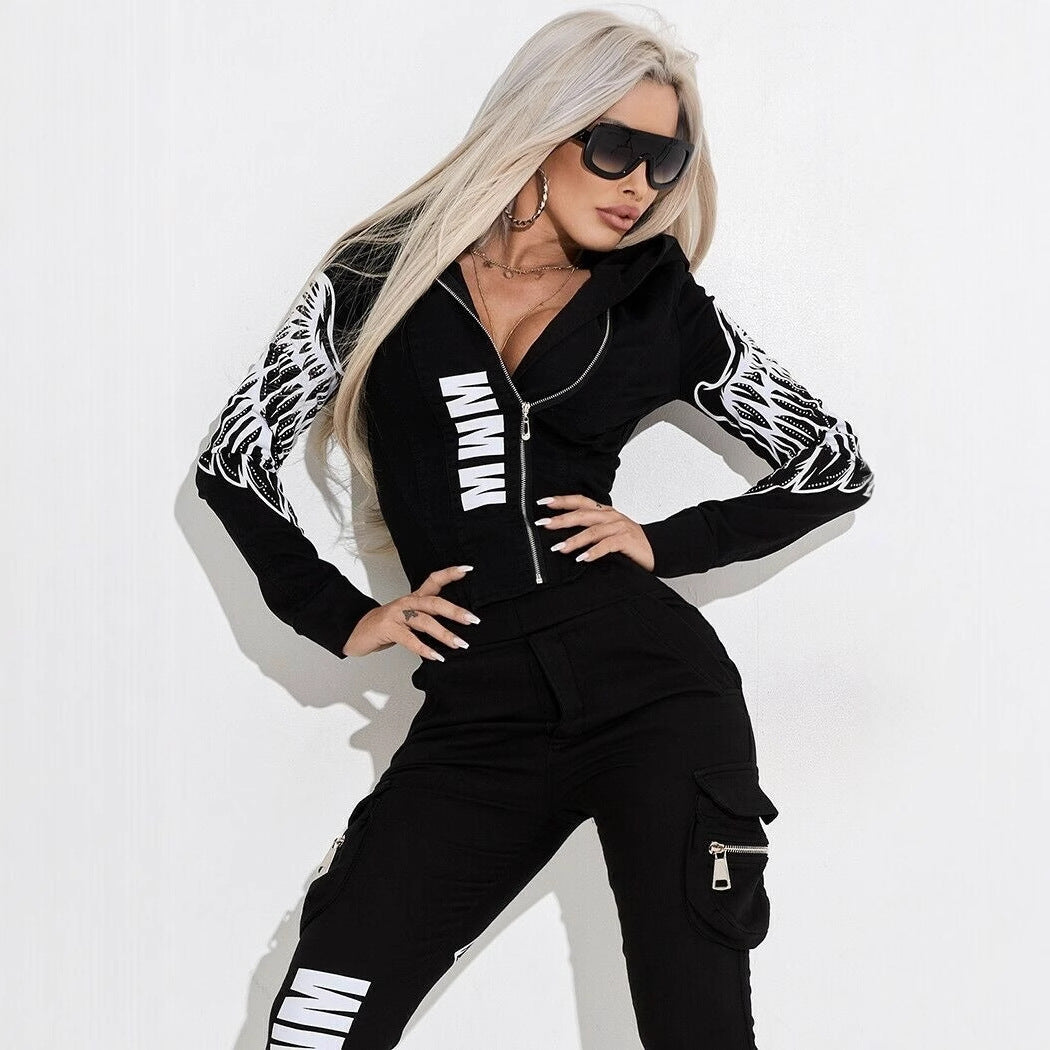 Damen nan stylisches zweiteiliges Kapuzen-Set mit tailliertem Reißverschluss-Hoodie und Cargo-Jogginghose EB