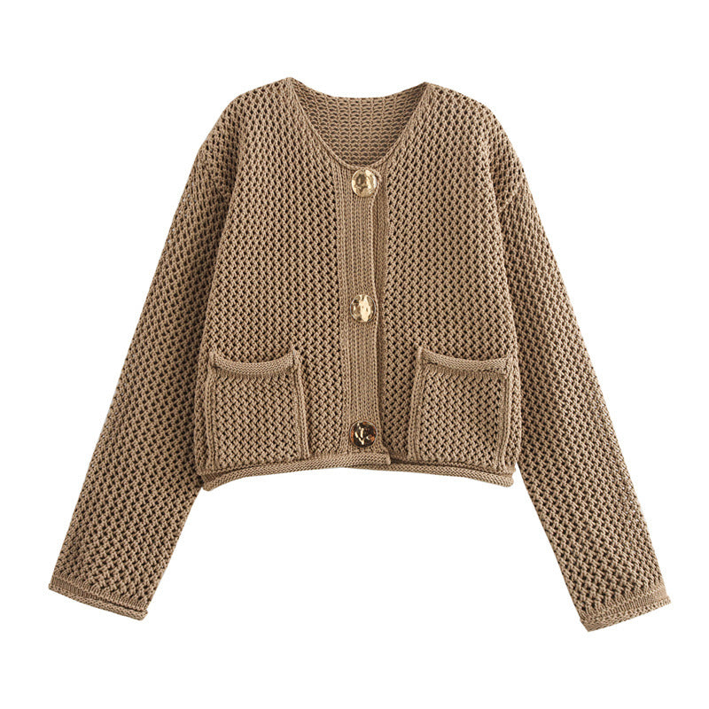 Damen Modische Strickjacke mit dekorativem Häkelmuster EB