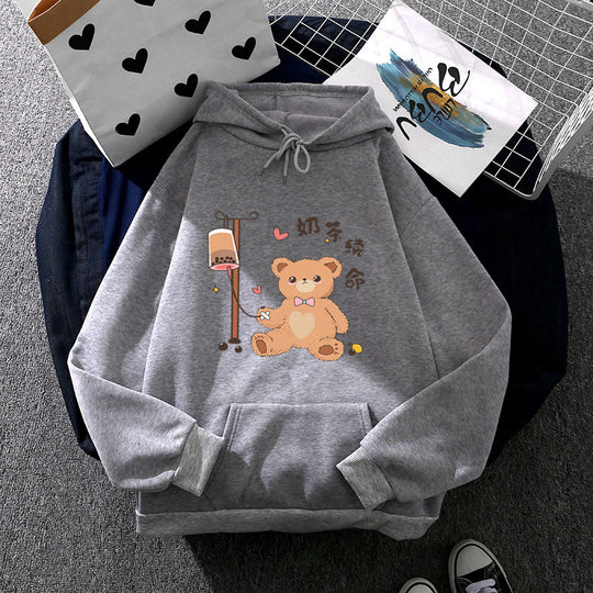 Damen nan Kapuzenpullover mit minimalistischer Grafik, lockerer Oversize-Passform und Kängurutasche EB