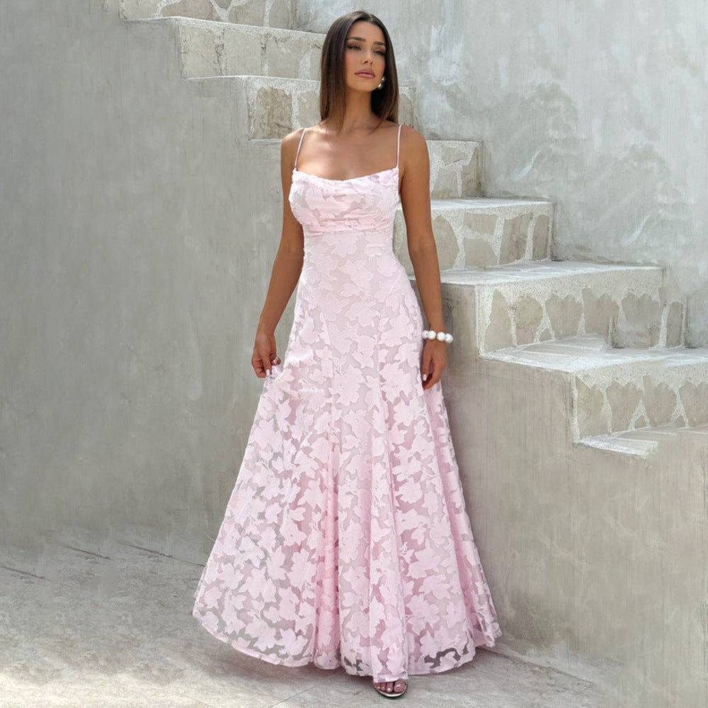 Damen Maxikleid mit floralem Spitzenmuster und schwingendem Rock EB