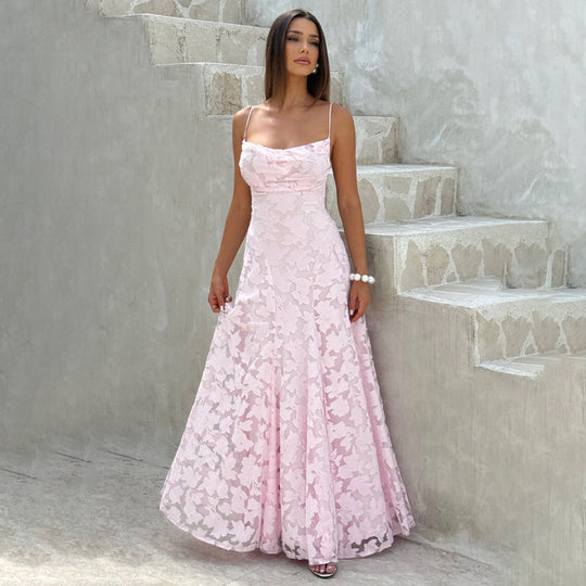 Damen Maxikleid mit floralem Spitzenmuster und schwingendem Rock EB