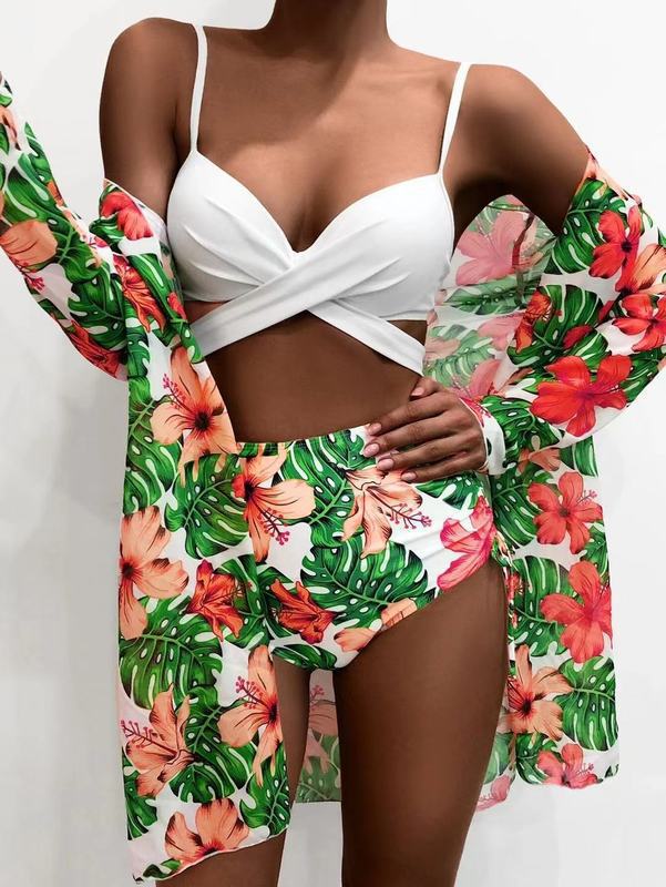 Damen Bikini-Set mit hochgeschnittenem Slip und floralem Kimono EB