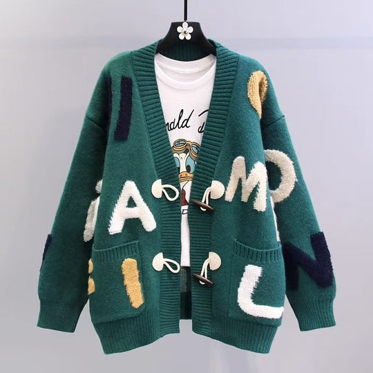 Damen Grobstrick-Cardigan mit bunten Applikationen und großen Taschen EB