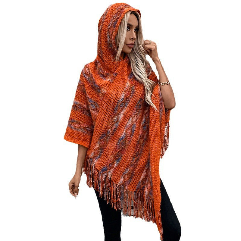 Damen Strickponcho mit Kapuze und fransigem Design EB