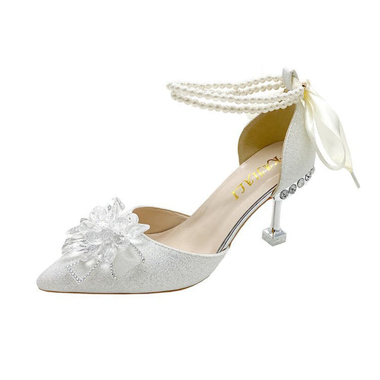 Damen elegante High Heel Pumps mit funkelndem Schmuck und Blumenakzent EB