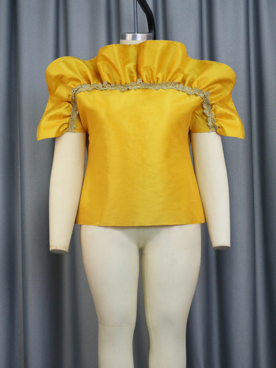 Damen elegantes Blusenshirt mit voluminösen Puffärmeln und dekorativem Spitzenrand EB