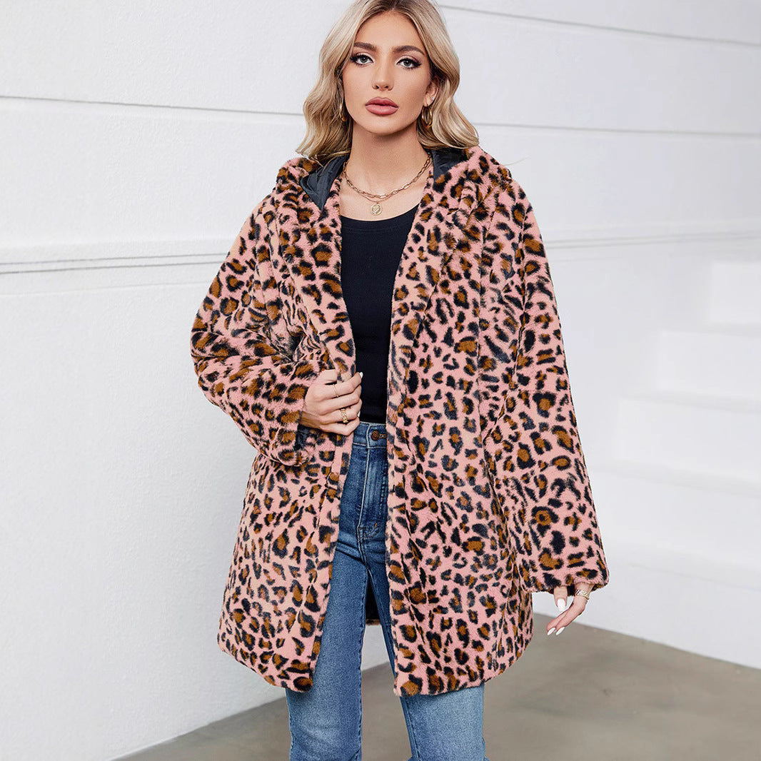 Damen Flauschige Jacke mit modernem Leopardenmuster und bequemen Taschen EB