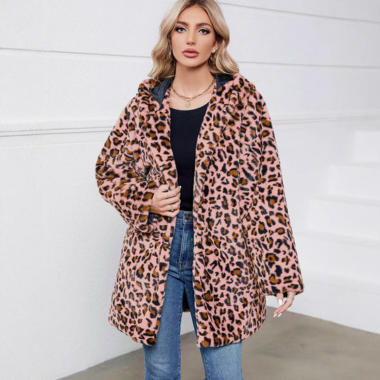 Damen Flauschige Jacke mit modernem Leopardenmuster und bequemen Taschen EB