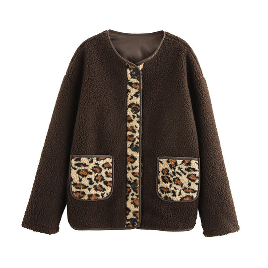 Damen kuschelige Teddyjacke mit tierischem Muster und praktischen Pattentaschen EB