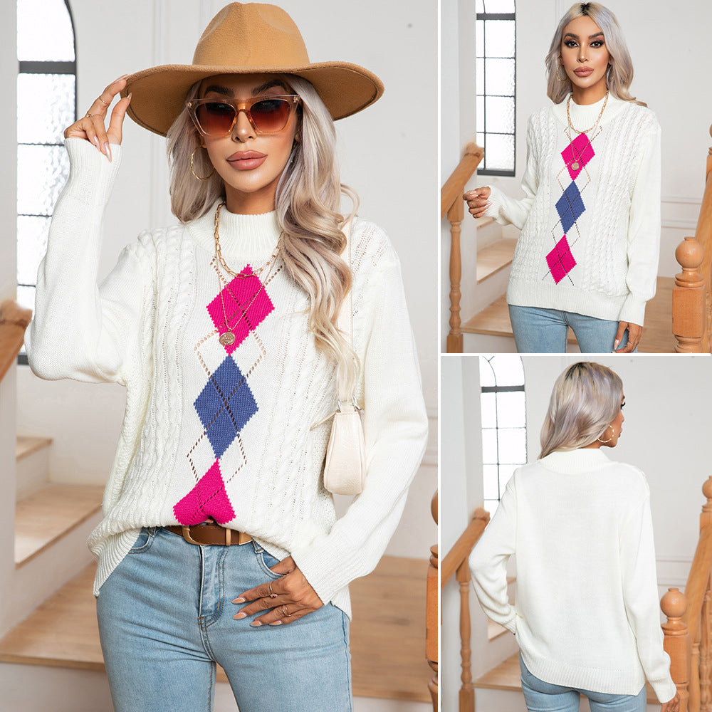 Damen Strickpullover mit modernem Rautenmuster und Zopfmuster EB