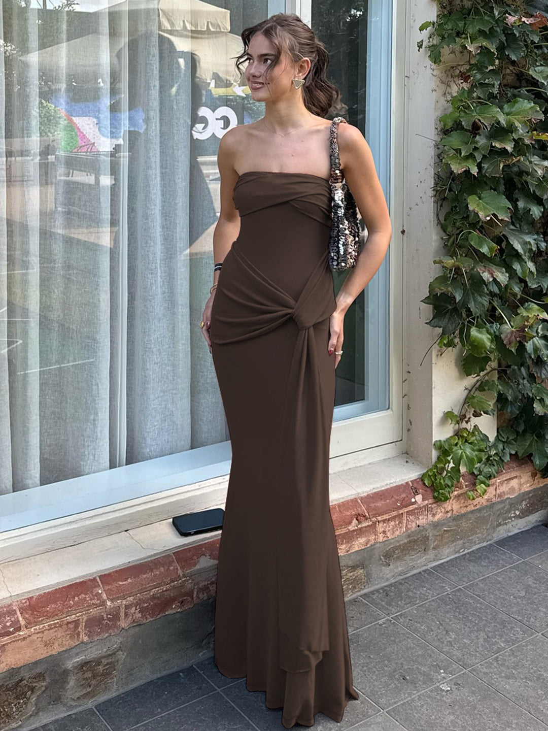 Damen Strapless Maxikleid mit raffiniertem Wickeldesign EB