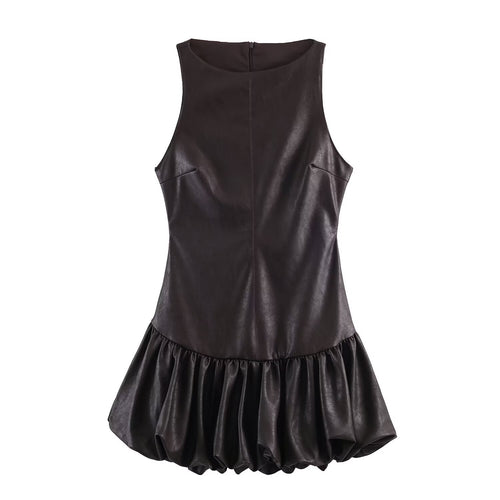 Damen ärmelloses Kunstlederkleid mit voluminösem Rock EB