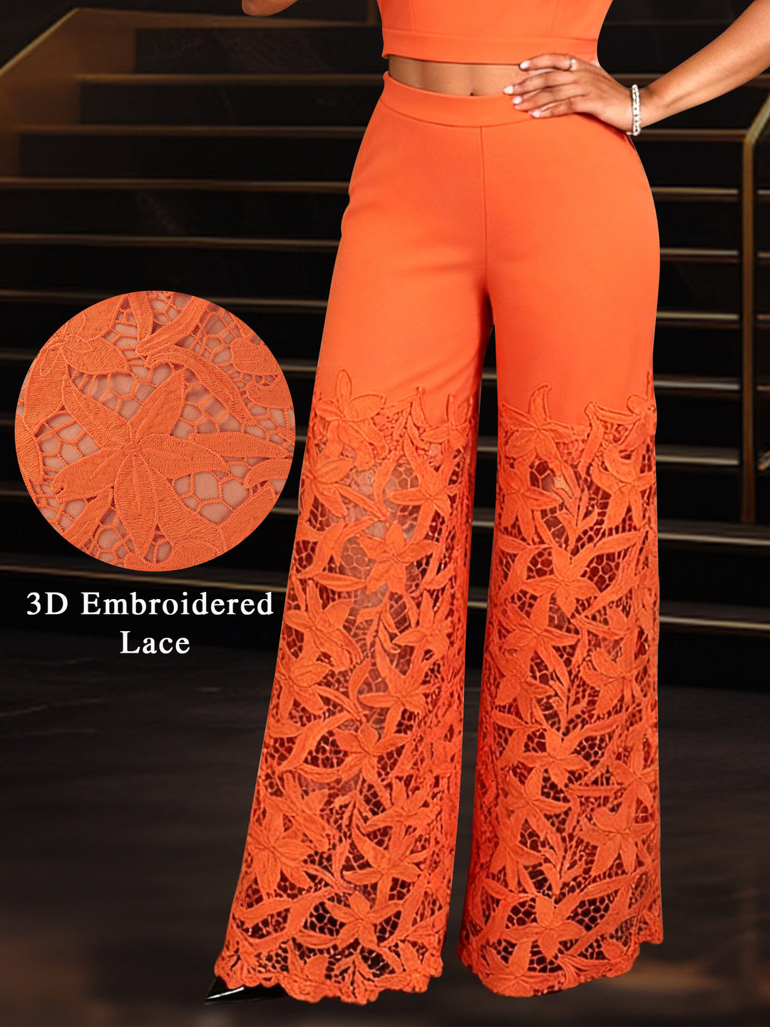 Damen elegante weit geschnittene Hose mit 3D gestickten Spitzenakzenten EB