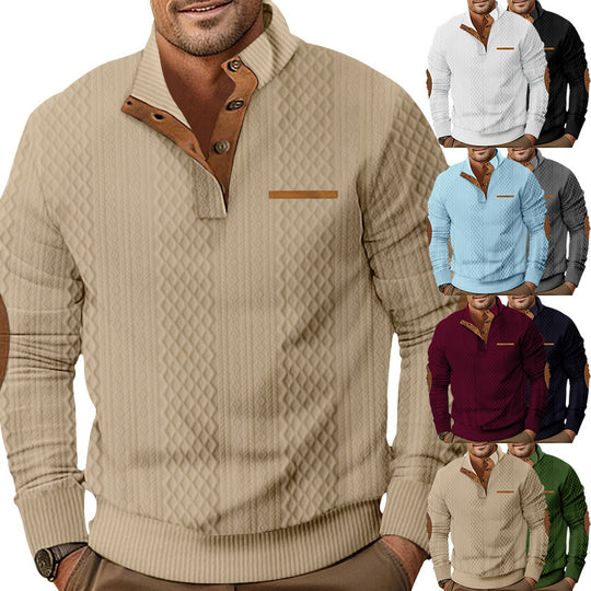 Herren Strukturiertes Kabelstrick-Sweatshirt mit Halbknopfblende, Kunstleder‑Patchtasche & Ellbogenpatches EB