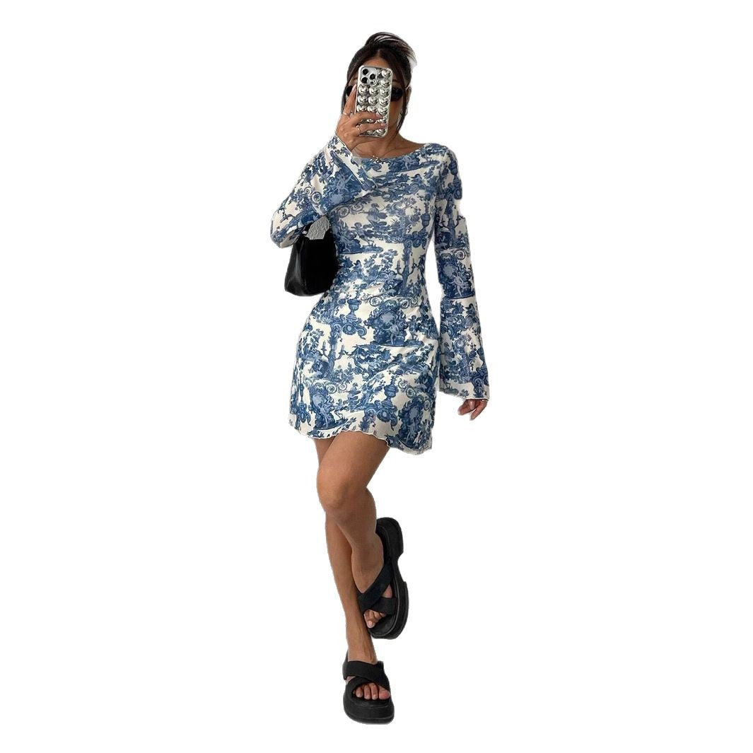 Damen Minikleid mit tiefem Rückenausschnitt und eleganter Printgestaltung EB