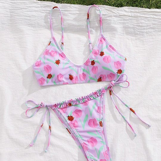 Damen Triangel-Bikini mit buntem Blütenmotiv und verstellbaren Bindebändern EB