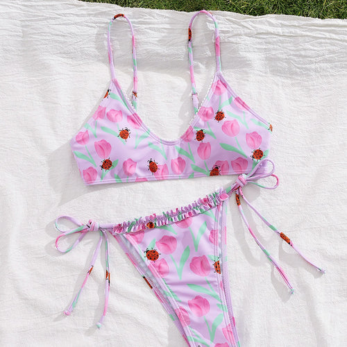 Damen Triangel-Bikini mit buntem Blütenmotiv und verstellbaren Bindebändern EB