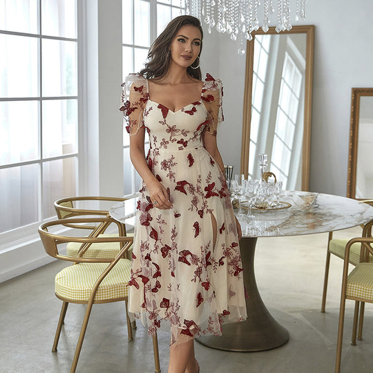 Damen Midikleid mit floralem Applikationsdesign und Puffärmeln EB